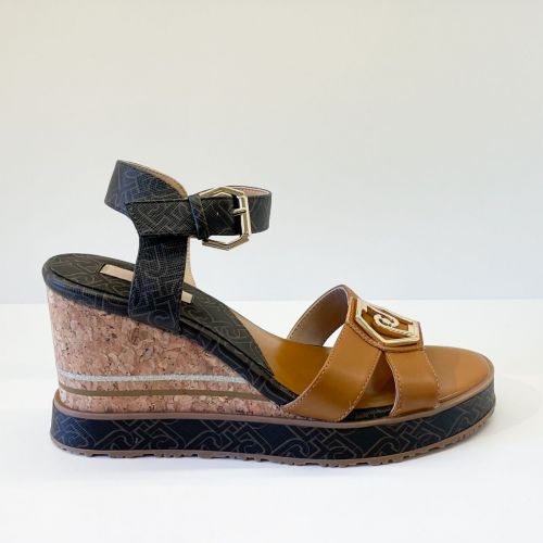 wedge sandals with gold thoned logo