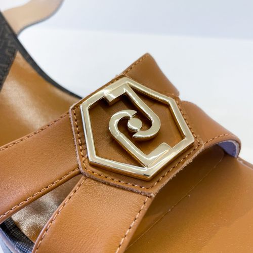 wedge sandals with gold thoned logo