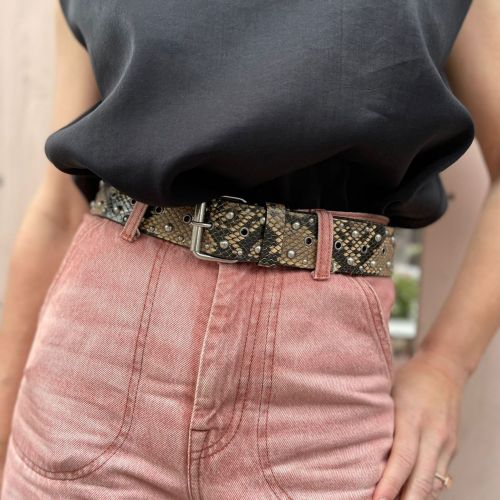 Python-effect leather studded belt