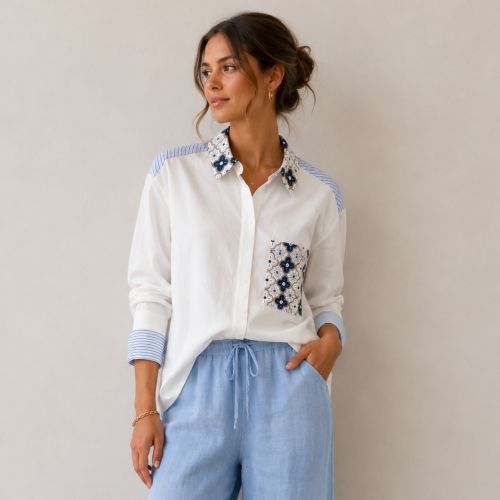 Blouse print details mixed fabric
