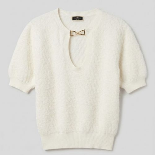 Fluffy Gebreide Top met Korte Mouwen en Goudkleurige Gesp