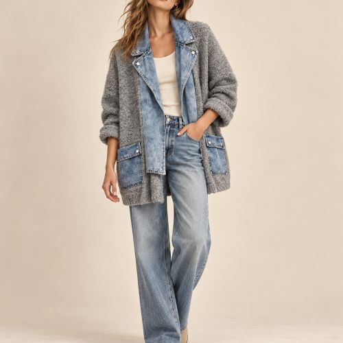 oversized gebreid jacket/cardigan met denimdetails