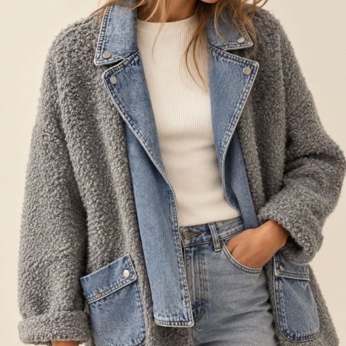 oversized gebreid jacket/cardigan met denimdetails
