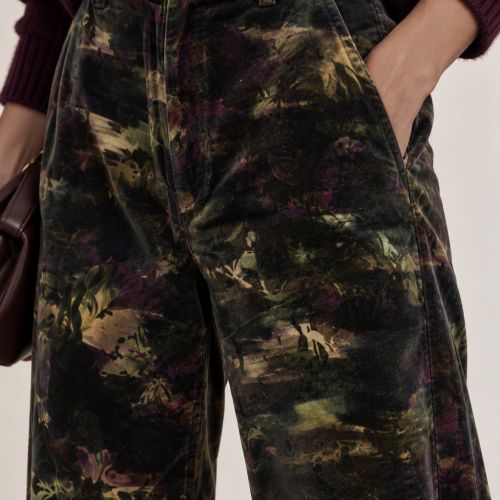 fluwelen broek met bladprint